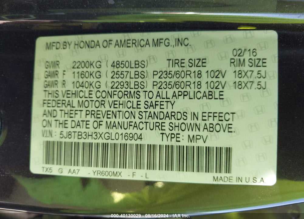 2016 ACURA RDX WATCH PLUS PKG VIN: 5J8TB3H3XGL016904