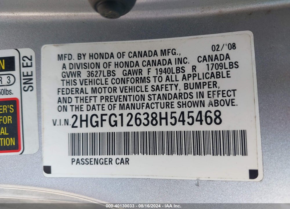 2008 HONDA CIVIC VIN: 2HGFG12638H545468