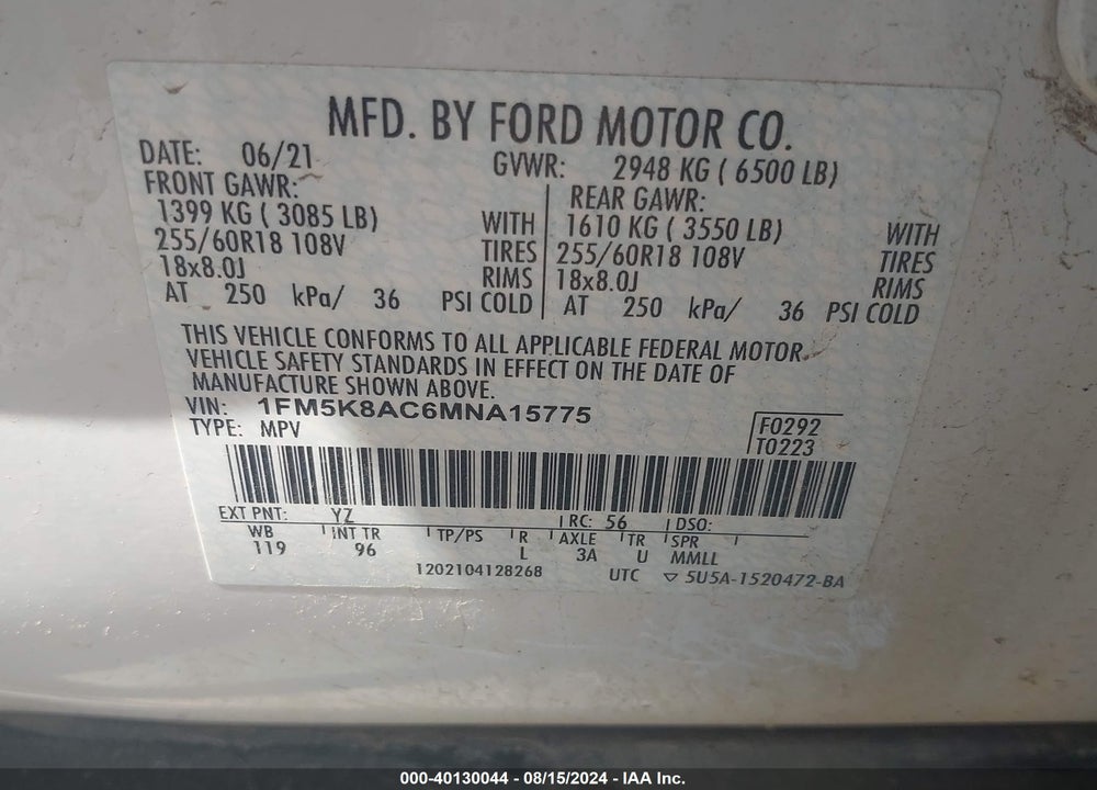 2021 FORD POLICE INTERCEPTOR UTILITY VIN: 1FM5K8AC6MNA15775