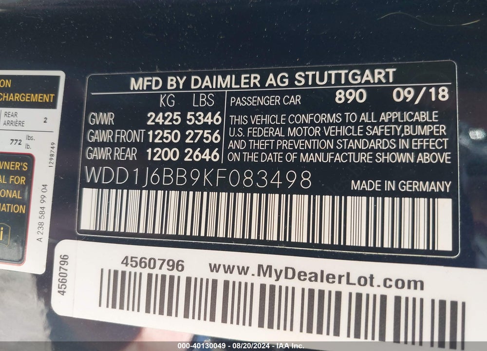 2019 MERCEDES-BENZ AMG E 53 4MATIC VIN: WDD1J6BB9KF083498