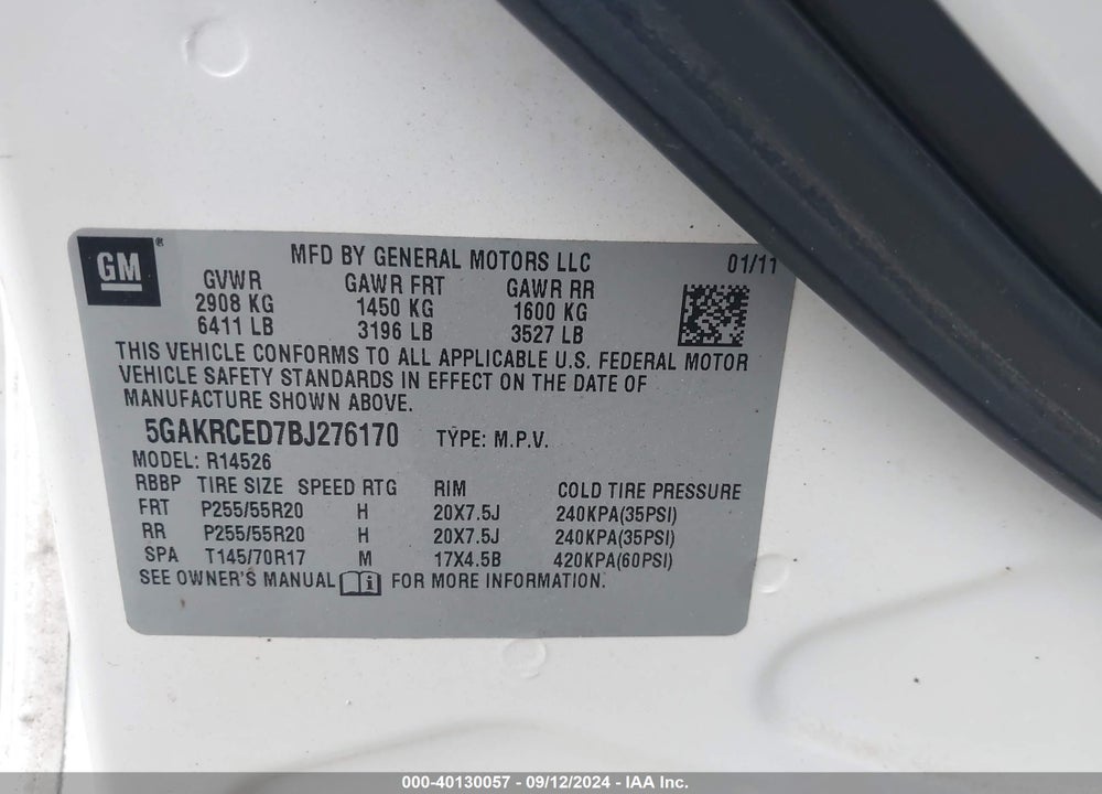 2011 BUICK ENCLAVE 2XL VIN: 5GAKRCED7BJ276170