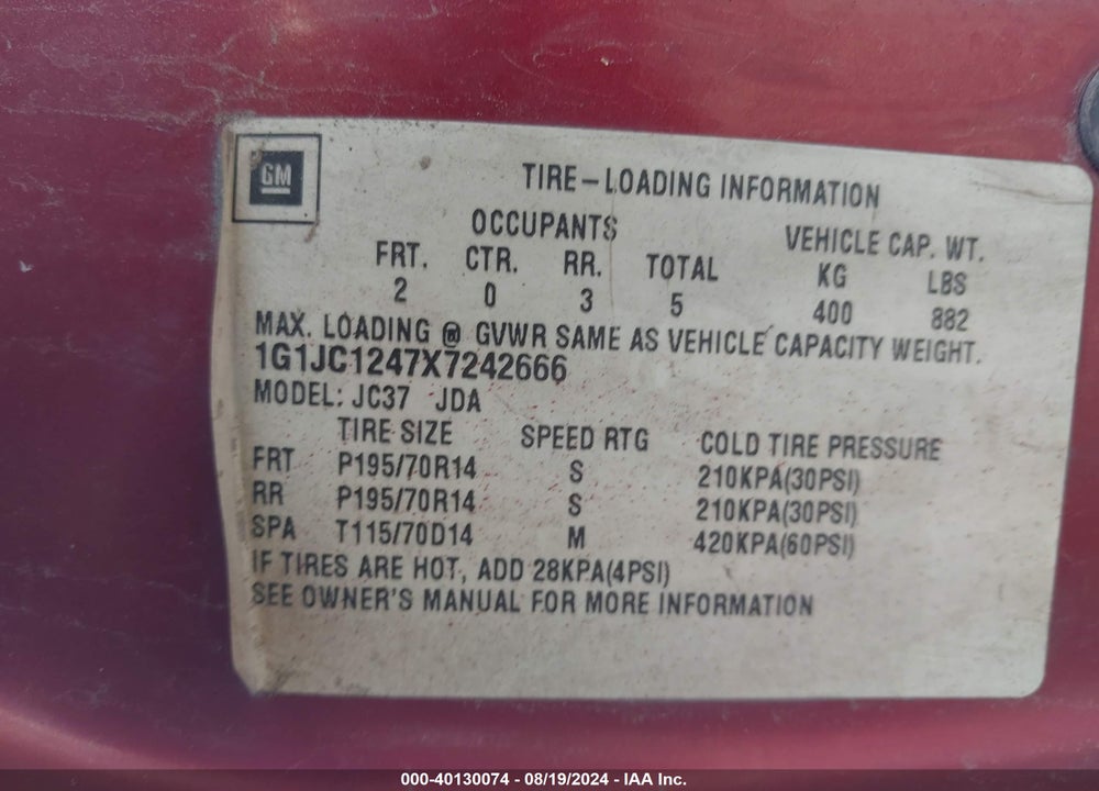 1999 CHEVROLET CAVALIER VIN: 1G1JC1247X7242666
