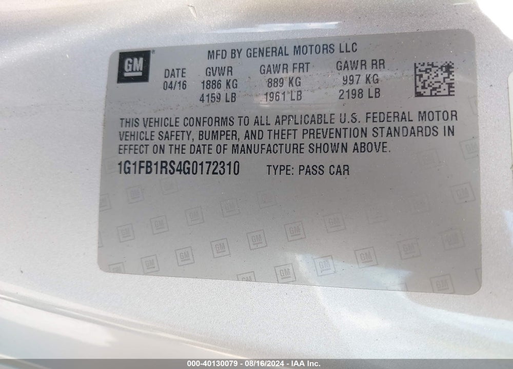 2016 CHEVROLET CAMARO VIN: 1G1FB1RS4G0172310