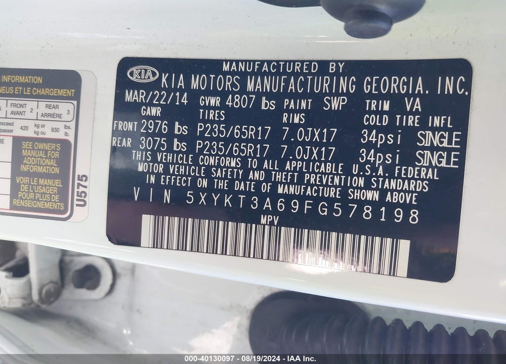 2015 KIA SORENTO LX VIN: 5XYKT3A69FG578198