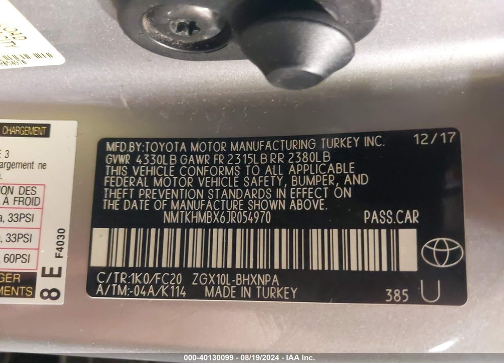 2018 TOYOTA C-HR XLE PREMIUM VIN: NMTKHMBX6JR054970