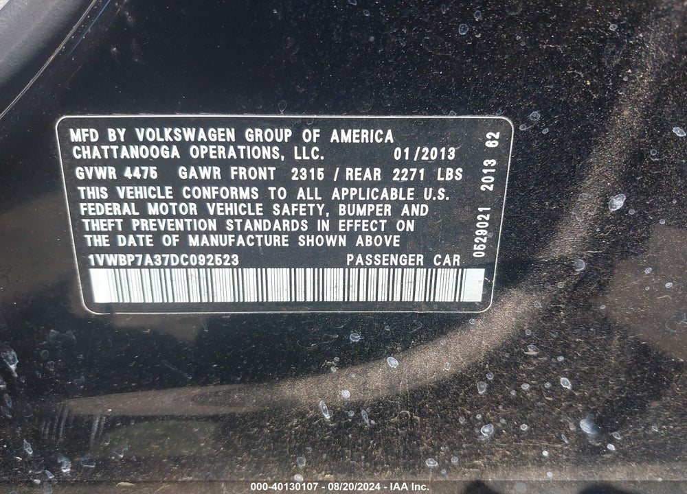 2013 VOLKSWAGEN PASSAT 2.5L SE VIN: 1VWBP7A37DC092523