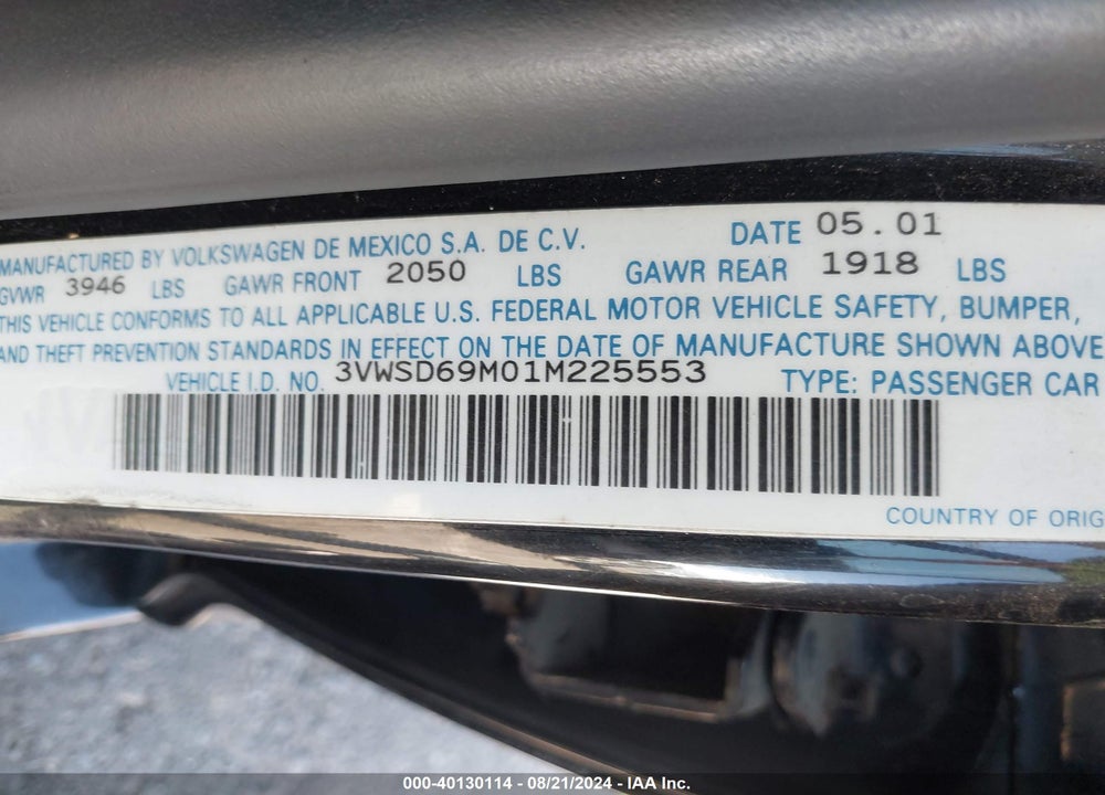 2001 VOLKSWAGEN JETTA GLS 1.8L TURBO VIN: 3VWSD69M01M225553