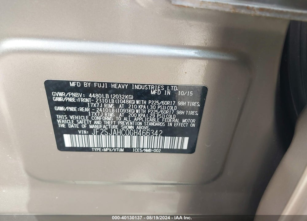 2016 SUBARU FORESTER 2.5I LIMITED VIN: JF2SJAHC0GH466342