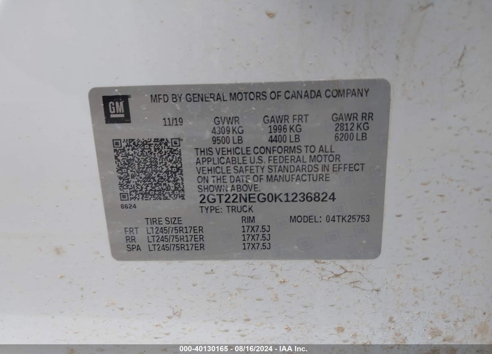 2019 GMC SIERRA 2500HD VIN: 2GT22NEG0K1236824