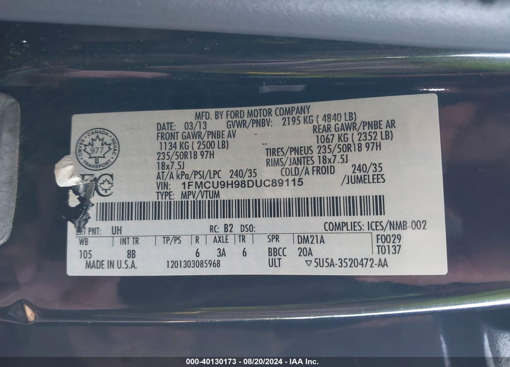 2013 FORD ESCAPE SEL VIN: 1FMCU9H98DUC89115