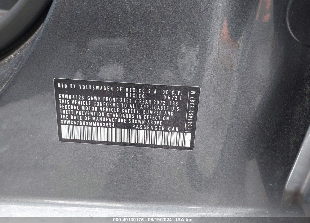 2021 VOLKSWAGEN JETTA 1.4T R-LINE/1.4T S/1.4T SE VIN: 3VWC57BU9MM063654