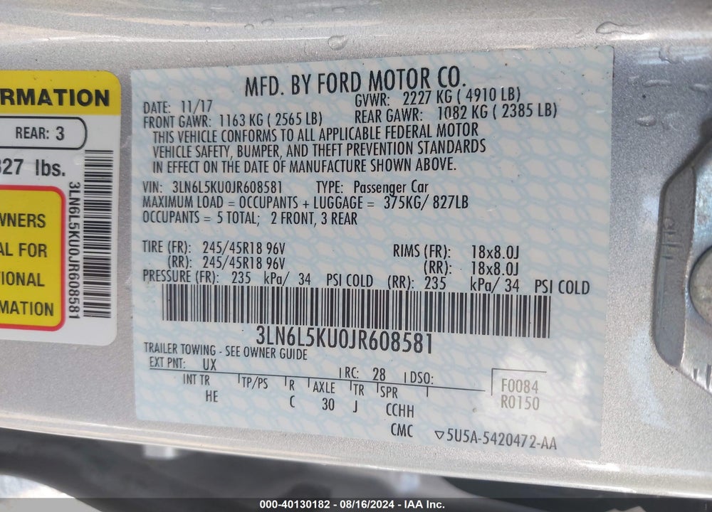 2018 LINCOLN MKZ HYBRID PREMIERE VIN: 3LN6L5KU0JR608581