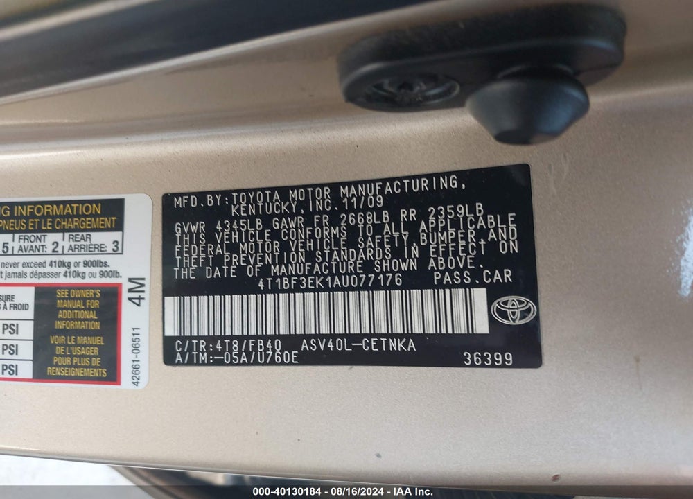 2010 TOYOTA CAMRY VIN: 4T1BF3EK1AU077176