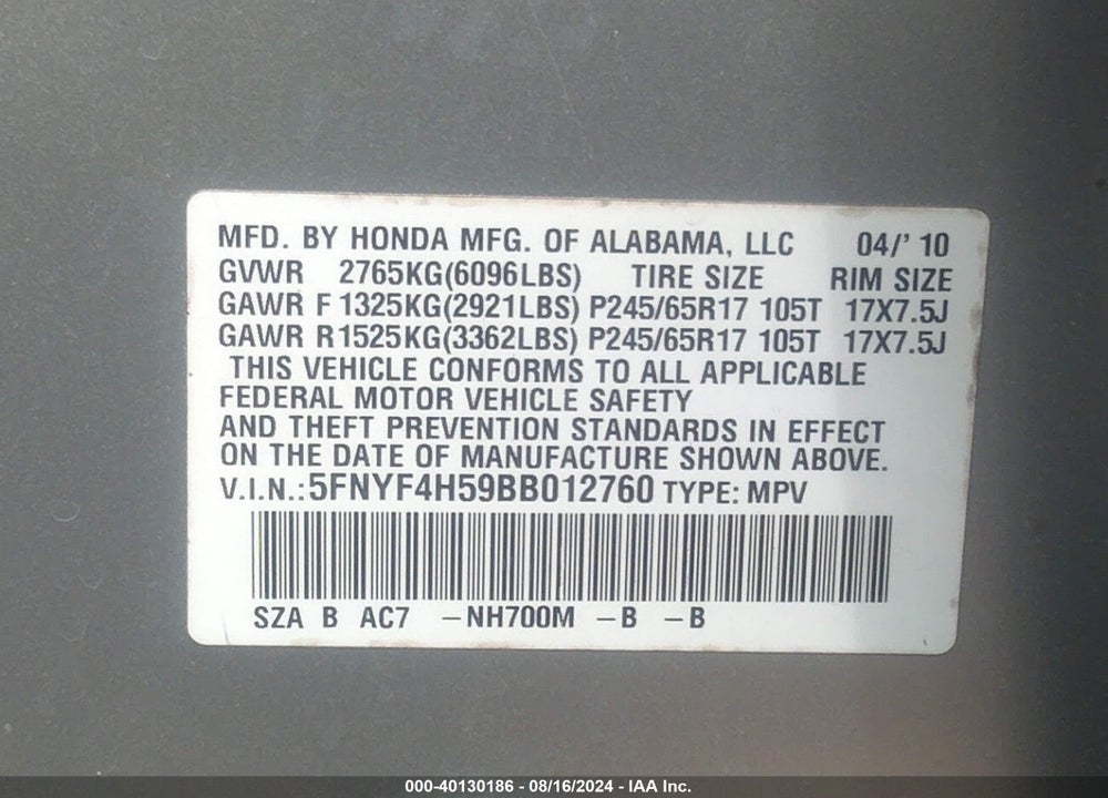 2011 HONDA PILOT EX-L VIN: 5FNYF4H59BB012760