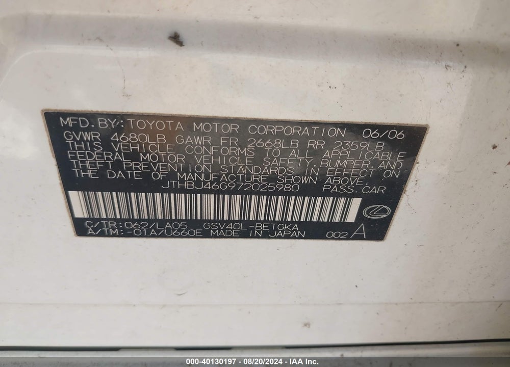 2007 LEXUS ES 350 VIN: JTHBJ46G972025980