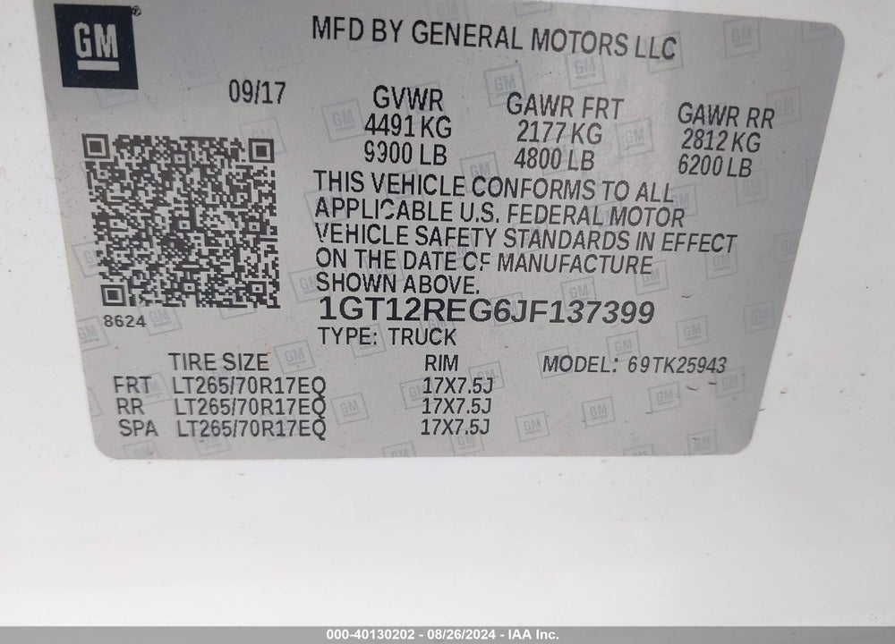 2018 GMC SIERRA 2500HD VIN: 1GT12REG6JF137399