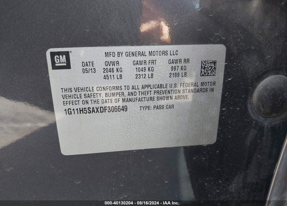 2013 CHEVROLET MALIBU 1LZ VIN: 1G11H5SAXDF306649