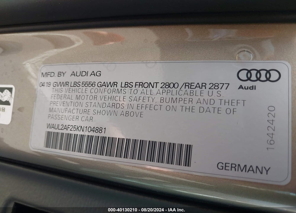 2019 AUDI A6 55 PREMIUM VIN: WAUL2AF25KN104881
