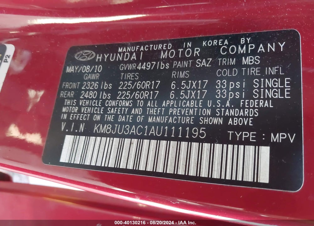 2010 HYUNDAI TUCSON GLS VIN: KM8JU3AC1AU111195