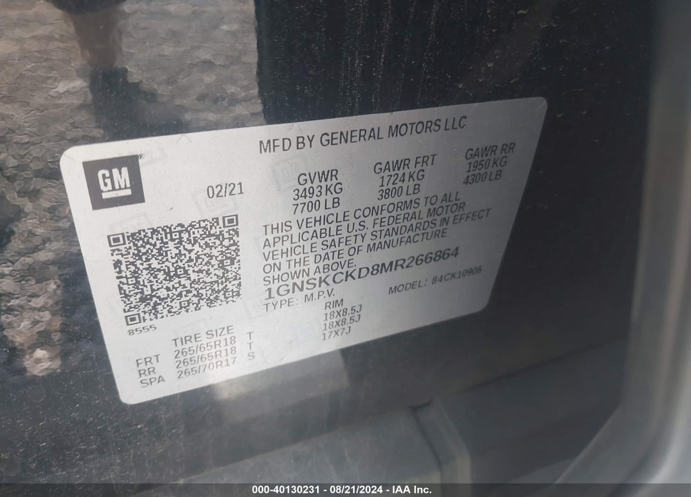 2021 CHEVROLET SUBURBAN 4WD LT VIN: 1GNSKCKD8MR266864