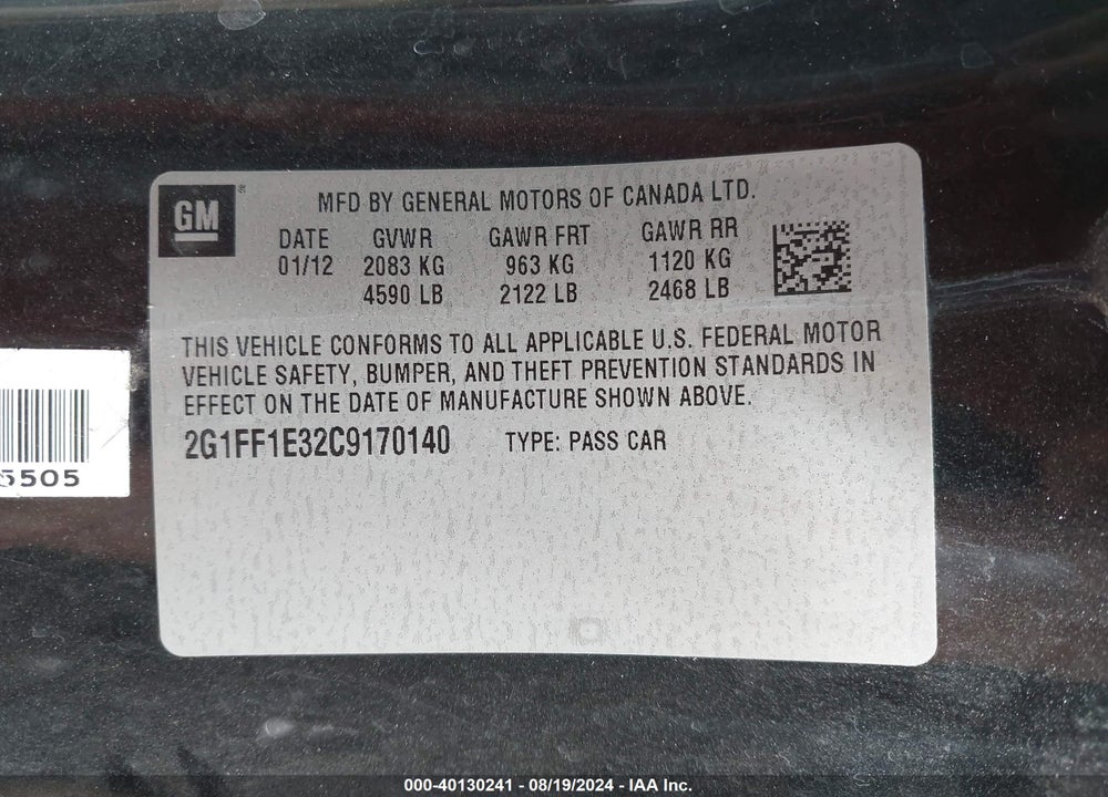 2012 CHEVROLET CAMARO 1LT VIN: 2G1FF1E32C9170140