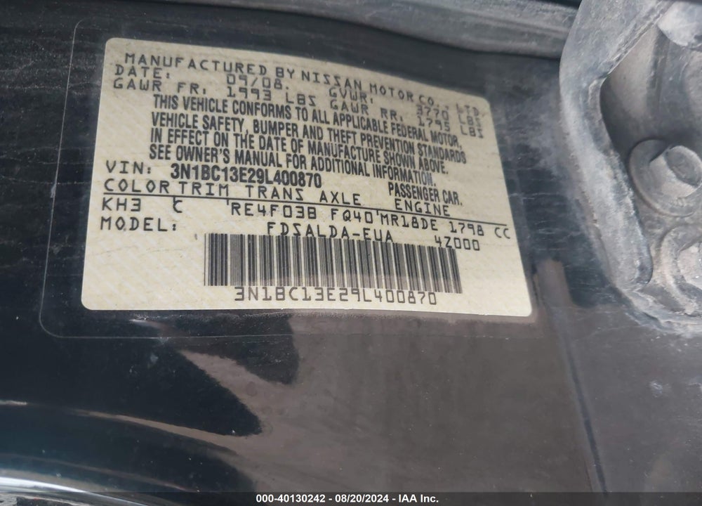 2009 NISSAN VERSA 1.8S VIN: 3N1BC13E29L400870