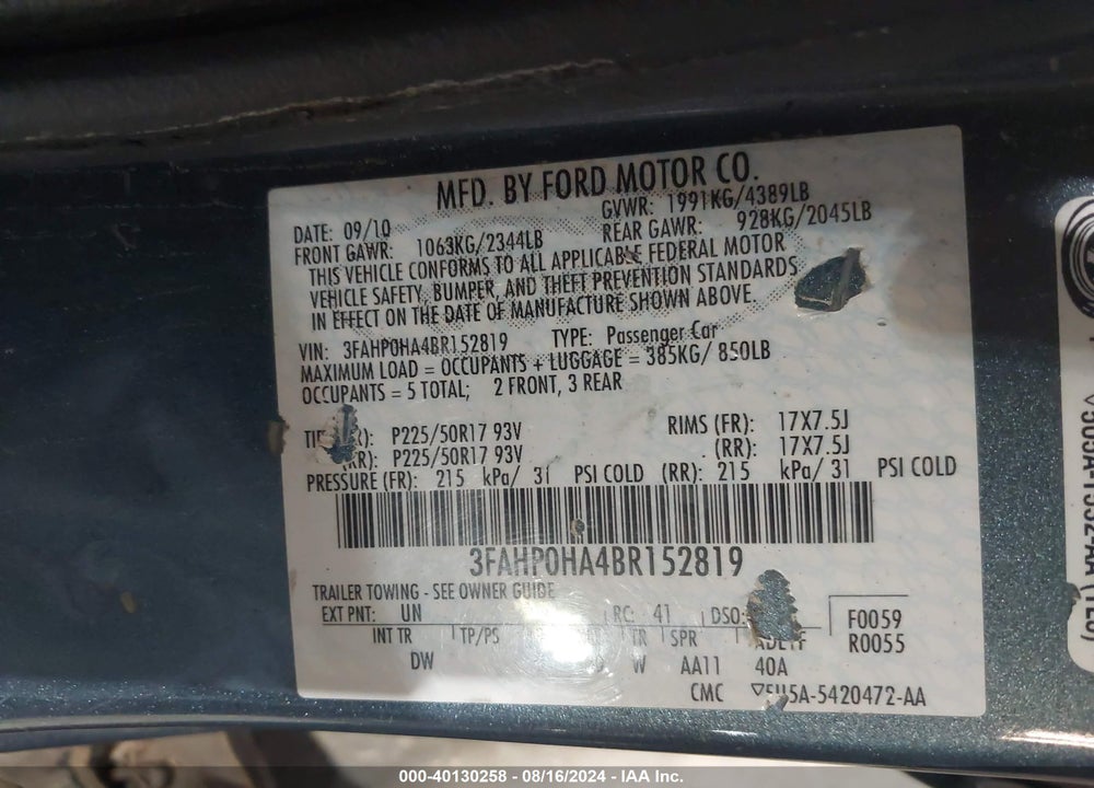 2011 FORD FUSION SE VIN: 3FAHP0HA4BR152819
