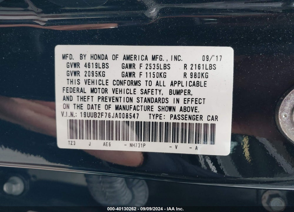 2018 ACURA TLX VIN: 19UUB2F76JA008547