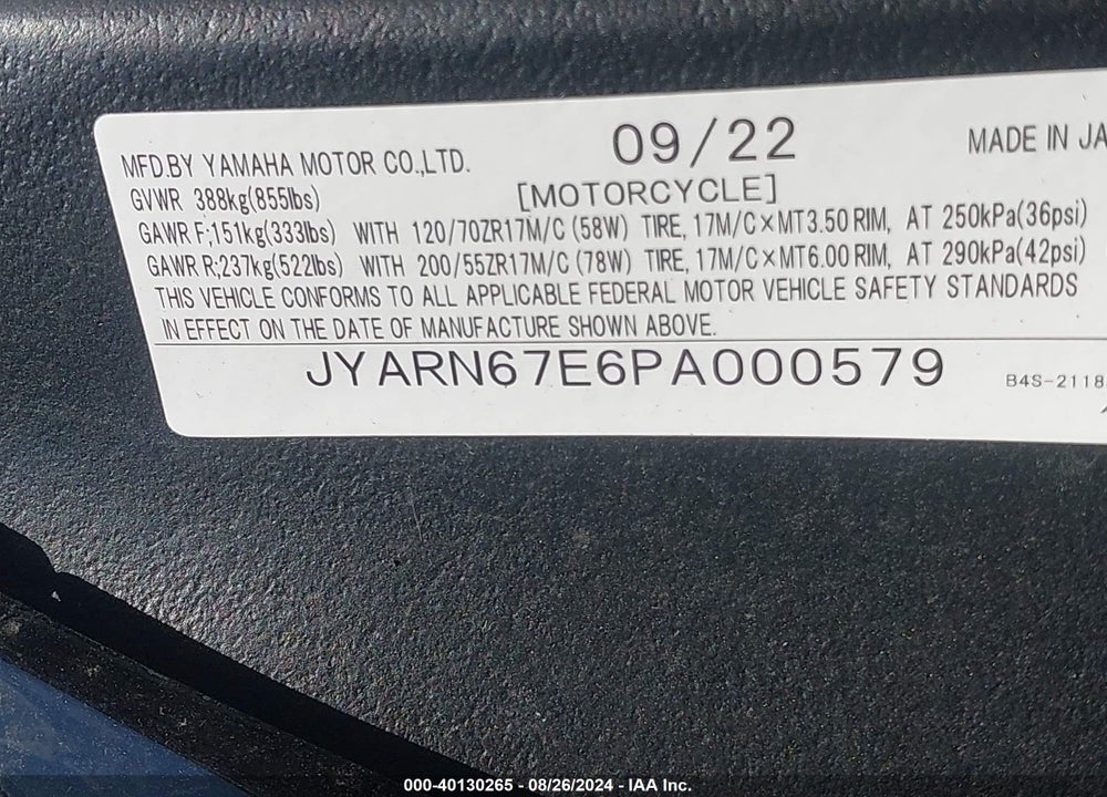 2023 YAMAHA YZFR1M VIN: JYARN67E6PA000579