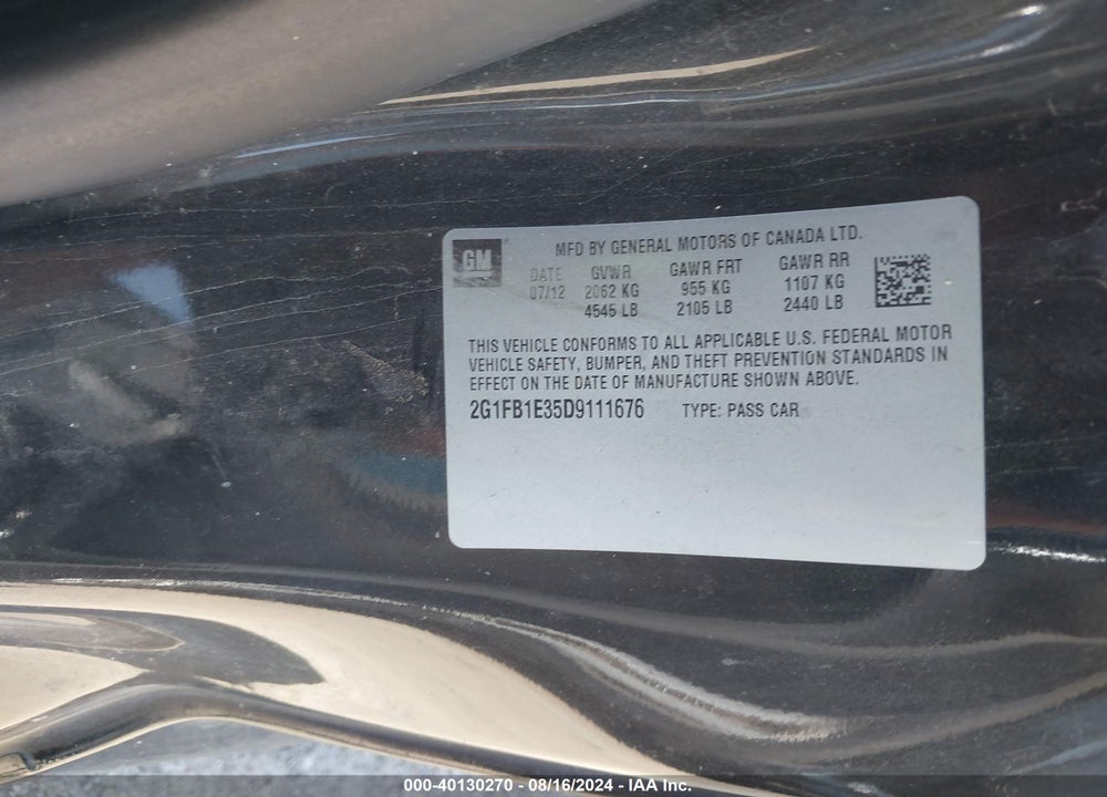 2013 CHEVROLET CAMARO 1LT VIN: 2G1FB1E35D9111676
