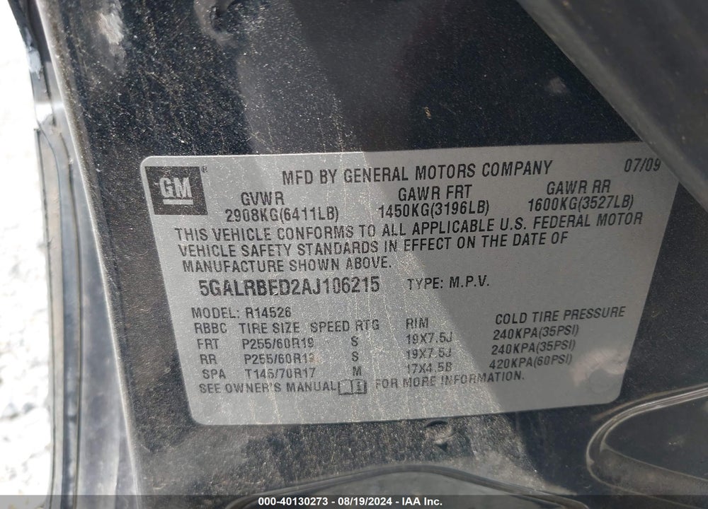 2010 BUICK ENCLAVE 1XL VIN: 5GALRBED2AJ106215