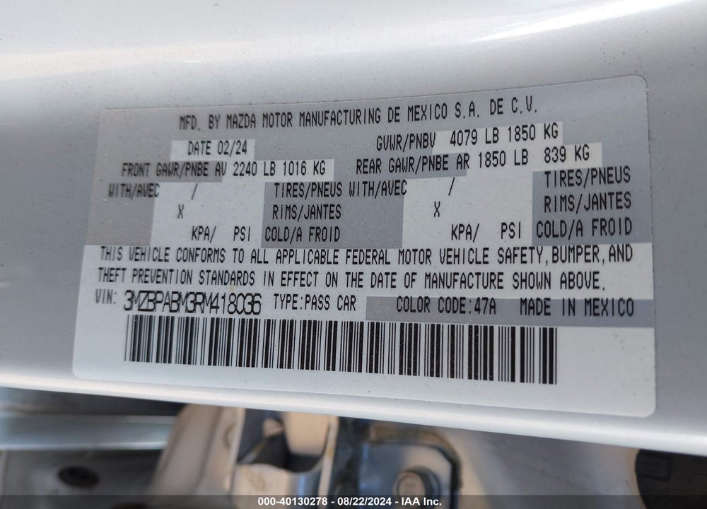 2024 MAZDA 3 2.5 S SELECT SPORT VIN: 3MZBPABM3RM418036