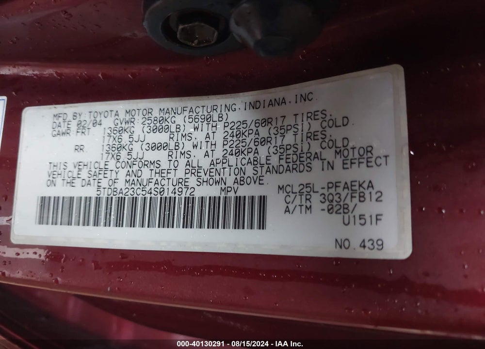 2004 TOYOTA SIENNA LE VIN: 5TDBA23C54S014972