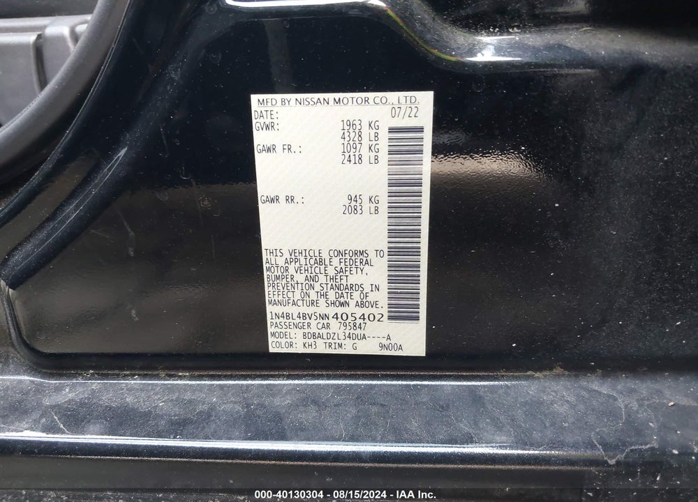 2022 NISSAN ALTIMA S FWD VIN: 1N4BL4BV5NN405402