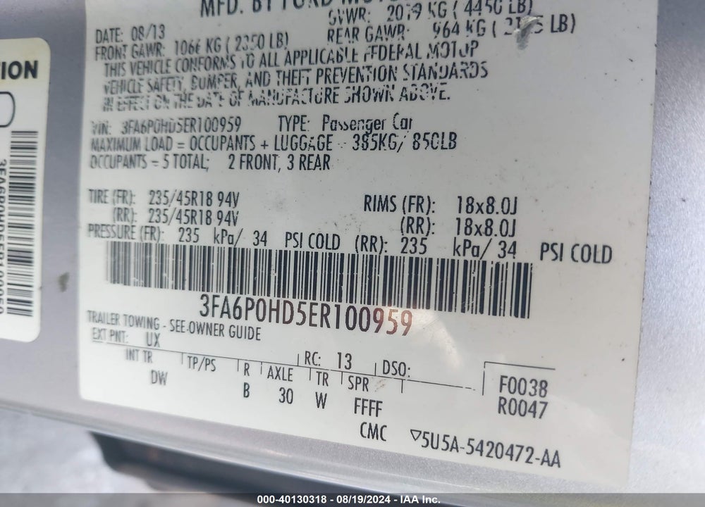 2014 FORD FUSION SE VIN: 3FA6P0HD5ER100959