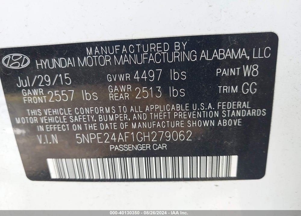 2016 HYUNDAI SONATA SE VIN: 5NPE24AF1GH279062
