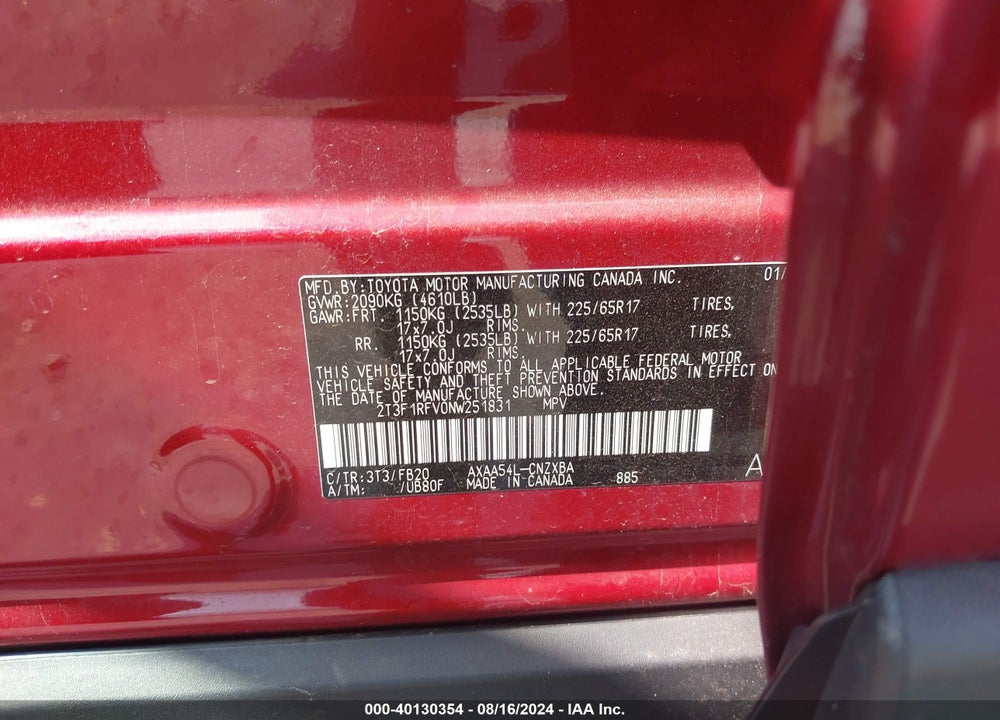 2022 TOYOTA RAV4 LE VIN: 2T3F1RFV0NW251831