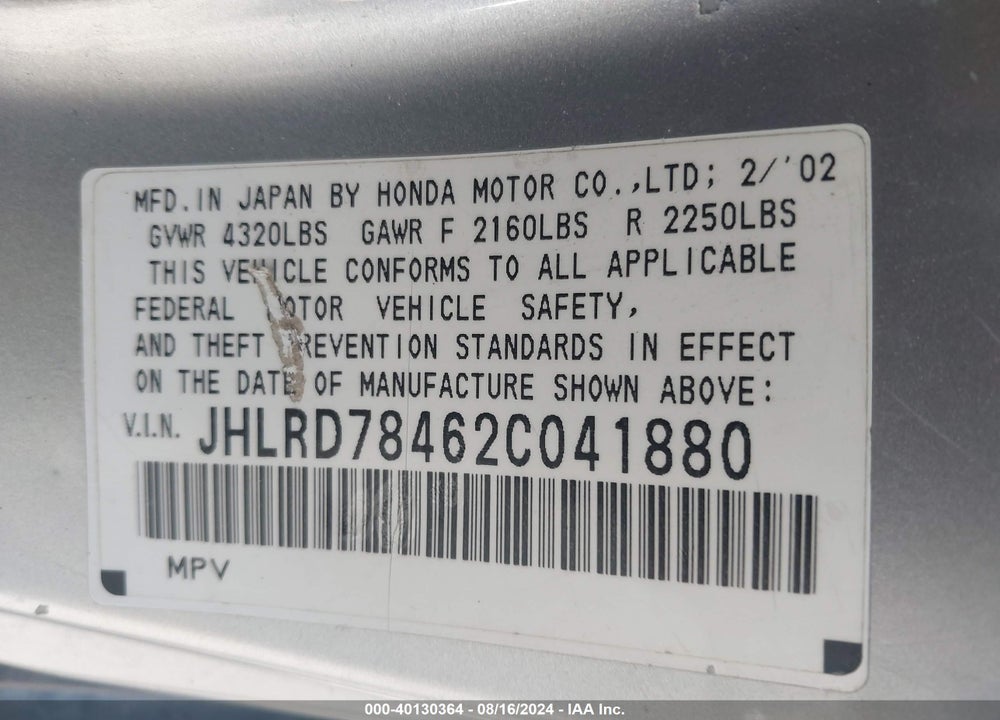 2002 HONDA CR-V LX VIN: JHLRD78462C041880