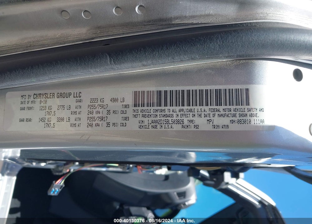 2011 JEEP WRANGLER SPORT VIN: 1J4AA2D15BL503826
