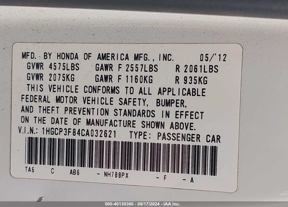 2012 HONDA ACCORD 3.5 EX-L VIN: 1HGCP3F84CA032621