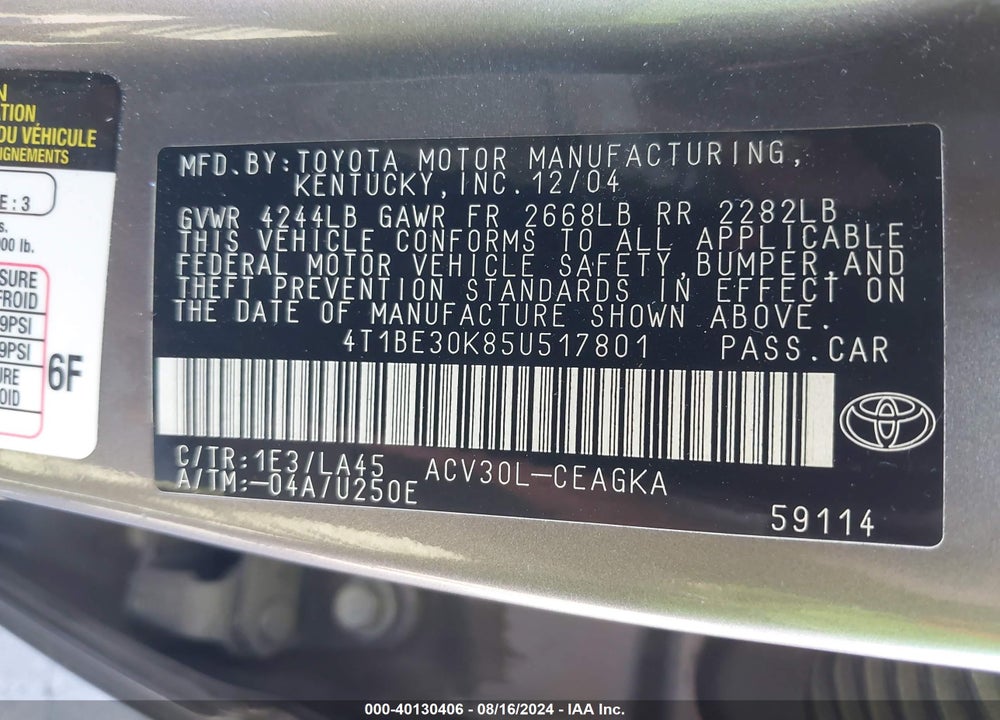 2005 TOYOTA CAMRY XLE VIN: 4T1BE30K85U517801