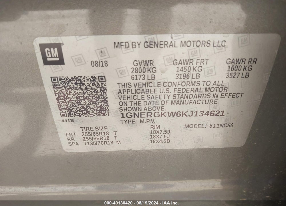 2019 CHEVROLET TRAVERSE 1LT VIN: 1GNERGKW6KJ134621
