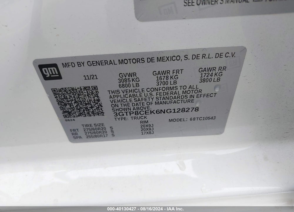 2022 GMC SIERRA 1500 LIMITED 2WD  SHORT BOX ELEVATION VIN: 3GTP8CEK6NG128278