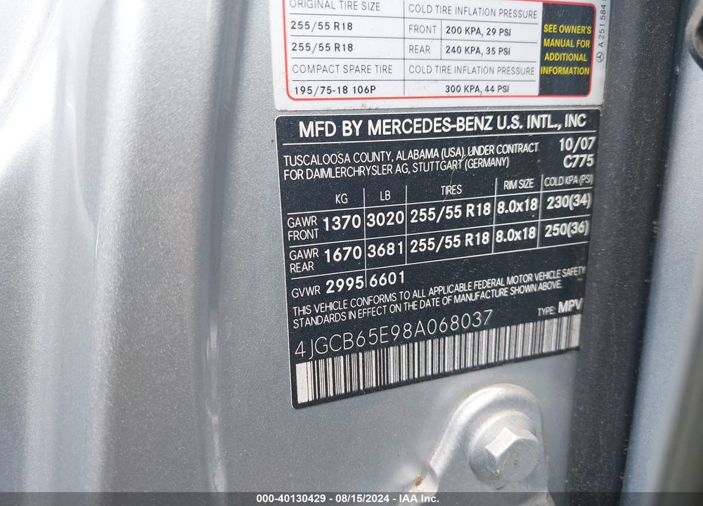 2008 MERCEDES-BENZ R 350 4MATIC VIN: 4JGCB65E98A068037