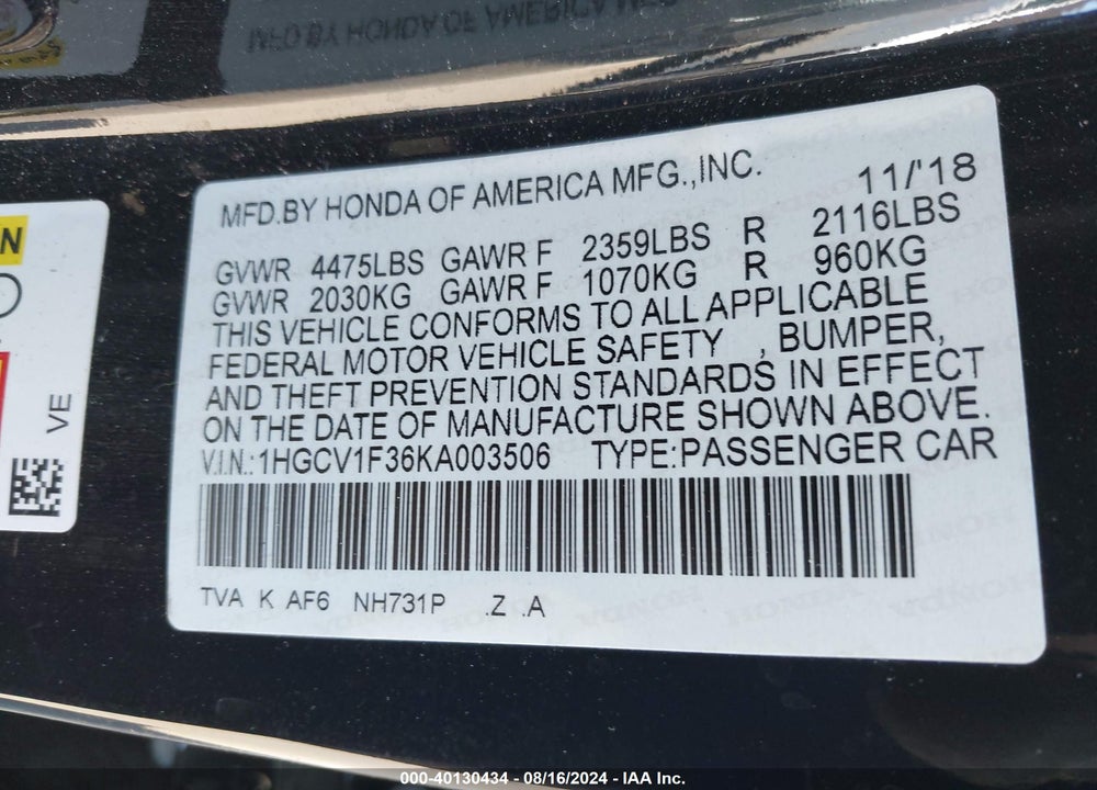 2019 HONDA ACCORD SPORT VIN: 1HGCV1F36KA003506