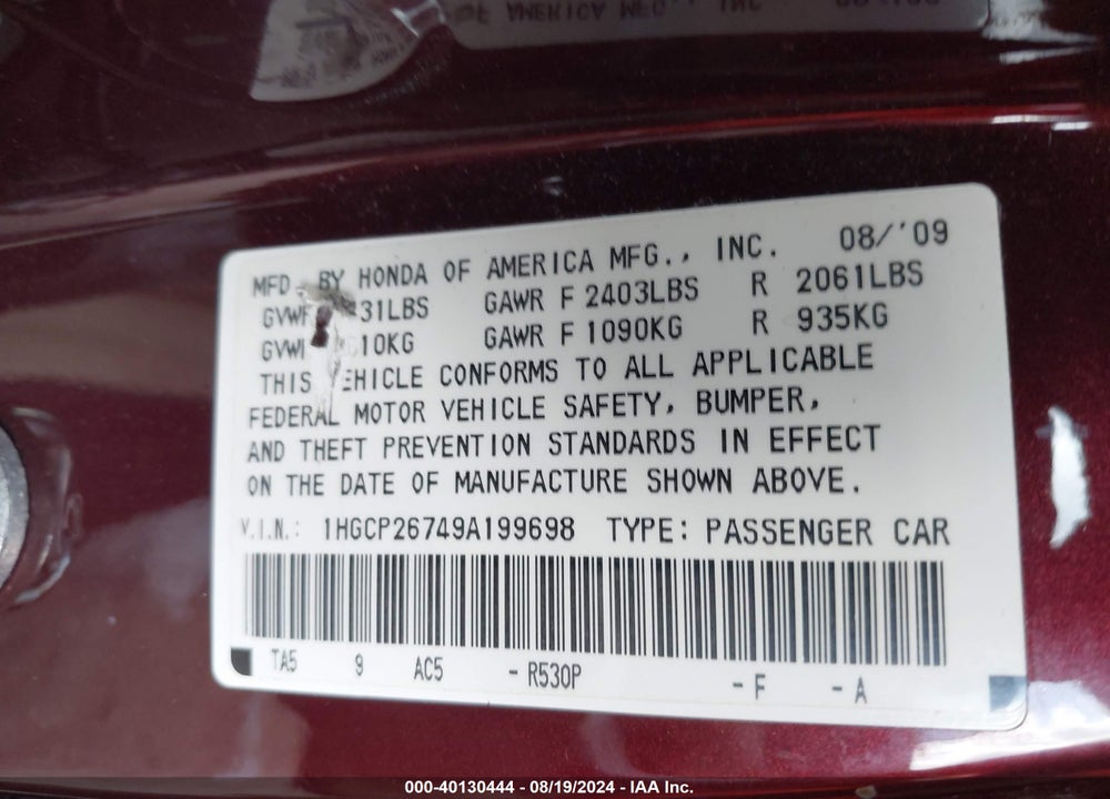 2009 HONDA ACCORD 2.4 EX VIN: 1HGCP26749A199698