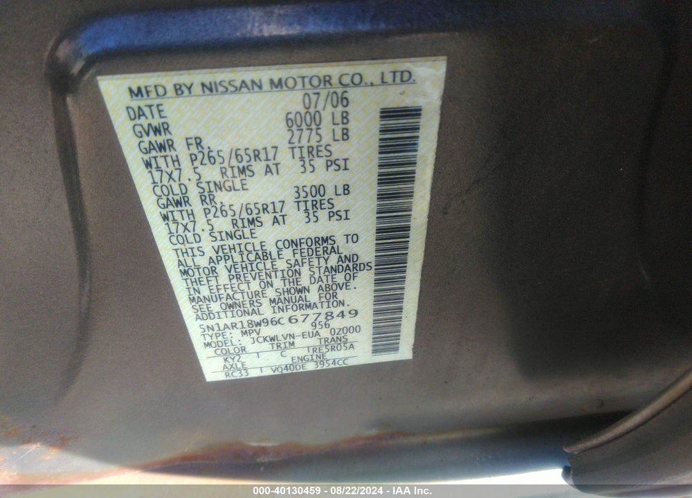 2006 NISSAN PATHFINDER LE VIN: 5N1AR18W96C677849