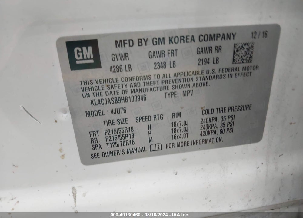 2017 BUICK ENCORE PREFERRED VIN: KL4CJASB9HB100946