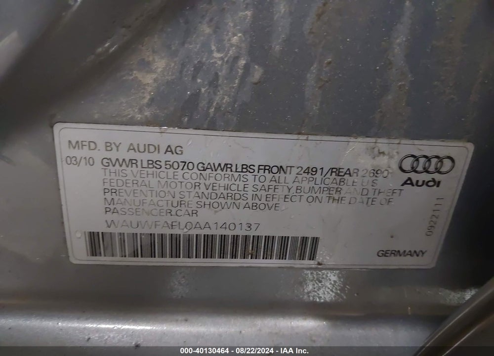 2010 AUDI A4 2.0T PREMIUM VIN: WAUWFAFL0AA140137