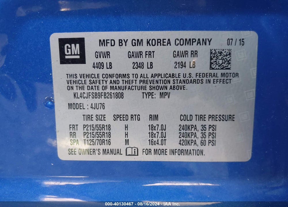2015 BUICK ENCORE CONVENIENCE VIN: KL4CJFSB9FB261808